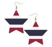 Gold Trendy Leather Star Earrings for Women - Thailand Flag Print Dangle Jewelry, Lightweight Fashionable Hoop Pendants