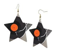Gold Trendy Leather Star Earrings for Women - Vintage Vinyl Record Print Dangle Jewelry, Lightweight Fashion Accessory