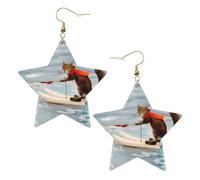 Gold Trendy Leather Star Earrings for Women - Water Skiing fox Squirrel Print Dangle Jewelry, Lightweight Fashion Accessory