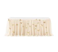 Gold-Trimmed Tulle Table Skirt, 3D Butterfly Design, Party Butterfly Desk Skirt, for Birthday, Wedding, Baby Shower, Home and Festive Decor(Champagne,14FT 427x77cm)