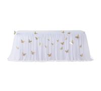 Gold-Trimmed Tulle Table Skirt, 3D Butterfly Design, Party Butterfly Desk Skirt, for Birthday, Wedding, Baby Shower, Home and Festive Decor(White,14FT 427x77cm)