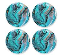 Gold Turquoise Aquamarine Art Ocean, Sea, River Marbling Marble 4 Set Wood Mug Coaster, Cup Mat Pad for Kinds of Mugs, Oversize Stone Coasters Holder with Cork Base Housewarming Drinks Gifts