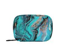 Gold Turquoise Aquamarine Art Ocean, Sea, River Marbling Marble Pill Case with Removable Internal Plastic Boxes Organizer, Zippered Carrier Small Medicine Bag Holder, Travel Storage Container