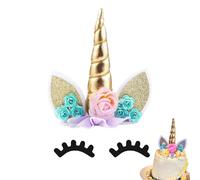 Gold Unicorn Cake Topper Set | Reusable Glitter Horns & Ears + Eyelashes | Party Decorations for Girls Birthday, Wedding & Rainbow Themed Cakes (4 inch Mini Pegasus Design)