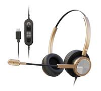 Gold USB-C Headset with Noise Cancelling Microphone for PC Laptop, Stereo Office Headphones with Mic & Inline Controls for Microsoft Teams Zoom Ringcentral Dictation Call Centre Work from Home
