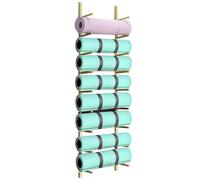 Gold Vertical Yoga Mat Holder 6/9 Tier Wall Mount Storage Shelf Stable Metal Towel & Foam Roller Rack for Fitness Class & Bedroom Exercise Mat Display Solution
