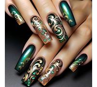 Gold Vine Press on Nails Glossy Green Gradient Acrylic Fake Nail Curve Line Medium Coffin False Nails Rhinestones Gel Glue on Nail 24Pcs Leaves Stick on Fingernails for Coquette Women Girls
