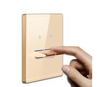 Gold Wall Light Switch, AC 110-250V Glass Panel for TOGGLE Press Button Plate With Blue LED Indicator, 86X86mm, Fit Into Standard Electrical Boxes(1 Gang 2 Way)