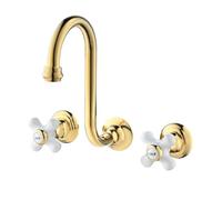 Gold Wall Mount Bathroom Faucet - 2 Handle Widespread Sink Mixer Tap with 360° Swivel Spout & Brass Rough-in Valve for Modern Bathroom Decor