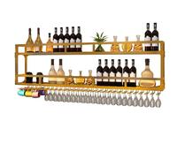 Gold Wall Wine Rack with LED Light - Floating Bar Shelves for Liquor & Wine Bottle Display Wall-Mounted Kitchen Shelf with Hanging Glass Rack Perfect for Home Bar Café & Restaurant - 2 Tier