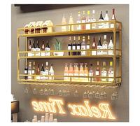 Gold WallMounted Industrial Wine Rack with LED Lights Large Floating Liquor Shelf Stylish Wine Bottle Display Bar Hanging Goblet Storage 150cm Size