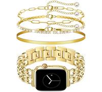 Gold Watch Band and 3Pc Bracelet Set Compatible with Apple Watch Band 38/40/41/42mm (S10) Adjustable Metal Band Cowboy Steel Chain Bracelet for iWatch Series1/2/3/4/5/6/7/8/9/10/SE (No Case)