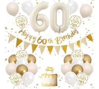 Gold & White 60th Birthday Decoration Set with Elegant Balloons, Banner, Bunting & Cake Topper - Complete Party Kit for Milestone Celebrations, Indoor and Outdoor Use, Sophisticated Adult Anniversary