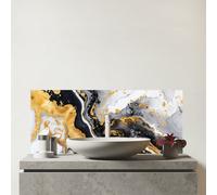 Warren Reed - Designer Gold White And Black Marble Effect Glass Bathroom Splashback, Multi