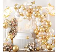 Gold White Balloon Arch Kit with Butterfly Stickers, 104PCS Transparent White Gold Balloon Garland with Confetti Balloons for Wedding, Birthday, Baby Shower, Anniversary, Engagement, Gender Reveal