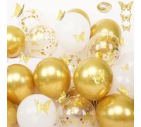 Gold White Balloons and Butterfly Stickers Set, 30 PCS 12 Inch Confetti Balloons with 12 PCS Gold Butterfly Stickers for Wedding, Birthday, Party Decorations