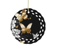 Gold White Butterflies Black Ceramic Christmas Ornaments 3 Inch Round Double-Sided Xmas Tree Decorations Pendant with Gold Ribbon for Home Holiday Decor, Gift for Family & Friends