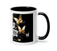 Gold White Butterflies Black Ceramic Coffee Mug with Handle 11 Ounces, Porcelain Mug Coffee Cup Tea Mug Water Cup Ideal for Coffee,Tea,Latte,Cappuccino,Microwave & Dishwasher Safe Unique Gift Cup