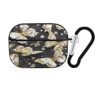 Gold White Butterflies Black Earbuds Organizer Shockproof Protective Airpods Pro Cover with Carabiner Clip Anti Fall Carrying Earphone Case Cover for Airpods Pro 2nd Generation Black