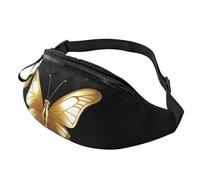 Gold White Butterflies Black Fanny Pack for Men Women, Waterproof Sports Waist Bag Fashion Belt Bag Crossbody Bags Hip Bum Bag with Adjustable Strap Large Sling Bag Purse for Travel Hiking