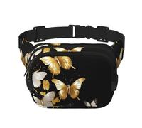 Gold White Butterflies Black Fanny Pack For Women Waterproof Adjustable Belt Bags Waist Pack Fashion Casual Crossbody Bags Bum Bag For Running Workout Hiking Traveling, Black, One Size