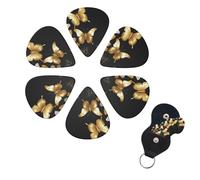 Gold White Butterflies Black Guitar Picks 6 Pack, 0.46mm Thickness Celluloid Bass Pick with Leather Guitar Pick Holder Keychain Abstract Art Pics Plectrum for Acoustic Electric Guitar, Ukulele, Bass