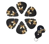Gold White Butterflies Black Guitar Picks 6 Pack 3 Different Thickness Celluloid Guitar Plectrums with Guitar Pick Holder Personalized Guitar Pick for Acoustic Guitar, Electric Guitar, Bass, Ukulele