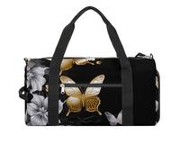 Gold White Butterflies Black Gym Bag Travel Duffel Bags for Men Women Large Weekender Bags Carry On Overnight Duffle Bag with Shoe Compartment for Workout, style, One Size