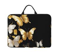 Gold White Butterflies Black Laptop Case Sleeve 14 inch Shockproof Protective Notebook Case Travel Laptop Bag with Handle Waterproof Computer Cover Briefcase Handbags for Men Women