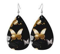 Gold White Butterflies Black Leather Earrings Dangle Drop Earring Lightweight Teardrop Earrings Vintage Bohemian Earring for Women Christmas Birthday Gift Fashion Jewelry