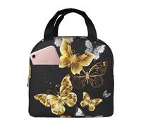 Gold White Butterflies Black Lunch Bag Handheld Bento Bag Adults Lunch Box Office Portable Insulated Leakproof