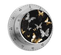 Gold White Butterflies Black Mechanical Kitchen Timer 60 Minute Wind Up Countdown Clock with Magnetic Back Loud Alarm Stainless Steel Manual Timer for Cooking Baking Classroom Home Gym