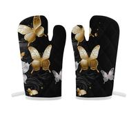 Gold White Butterflies Black Oven Mitts 1 Pair Heat Resistant Non Slip Oven Gloves Comfortable Cotton Lining Kitchen Gloves for Women Men Cooking Baking Barbecue Machine Washable