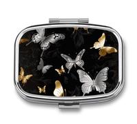 Gold White Butterflies Black Pill Box - 2 Compartment Travel Pill Organizer with Small Mirror, Portable Pillcase for Pocket & Purse, Cute Square Medicine Case, Weekly Medicine Container