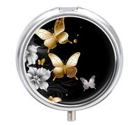 Gold White Butterflies Black Pill Box - 3 Compartment Travel Pill Organizer with Small Mirror, Portable Pillcase for Pocket & Purse, Cute Round Medicine Case, Weekly Medicine Container