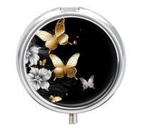 Gold White Butterflies Black Pill Box Medicine Pill Organizer 3 Compartment Daily Pill Case Small Pill Container Round Pill Holder Travel Pill Box Metal Pill Case for Purse Pocket