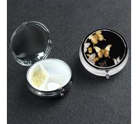 Gold White Butterflies Black Pill Box with Mirror 3 Compartment Decorative Pill Case for Purse or Pocket Small Round Pill Organizer Weekly Metal Medicine Tablet Vitamin Holder Travel Gift