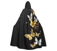 Gold White Butterflies Black Print Adults Hooded Cloak, Halloween Robe Hooded Cape Witch Wizard Cosplay Costumes For Men Women
