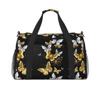 Gold White Butterflies Black Print Ample Travel Large Capacity Hand Travel Bag Carry On Tote Foldable Travel Totes Bag