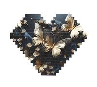 Gold White Butterflies Black Print Building Brick Block Puzzle - Heart Shaped Picture Puzzles, Wooden Picture Jigsaw Puzzles