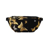 Gold White Butterflies Black Print Bumbag Large Fanny Pack, Crossbody Waist Bag with Adjustable Strap Chest Bag for Hiking Travel Fitness and Daily Carry