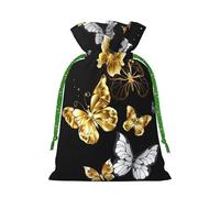 Gold White Butterflies Black Print Christmas Bag Drawstring Bags For Holiday Presents Xmas Sack Party Decor Gift
