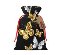 Gold White Butterflies Black Print Christmas Bag Drawstring Sack For Presents Xmas Seasonal Decor Gift Party Supplies