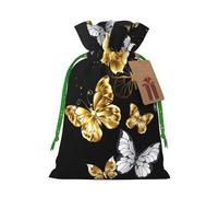 Gold White Butterflies Black Print Christmas Bag Drawstring Sack For Presents Xmas Seasonal Decor Gift Party Supplies