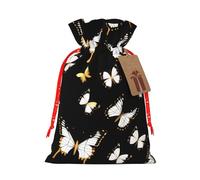 Gold White Butterflies Black Print Christmas Bag Holiday Present Sack Xmas For Seasonal Decor Gift Wrapping