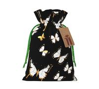 Gold White Butterflies Black Print Christmas Bag Holiday Present Sack Xmas For Seasonal Decor Gift Wrapping