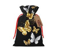 Gold White Butterflies Black Print Christmas Drawstring Gift Bags Holiday Party Xmas Birthday Favors Present Sacks