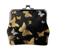 Gold White Butterflies Black Print Coin Purse for Women Cute PU Leather Kiss-lock Change Purse Wallet, Black, One Size, Pattern