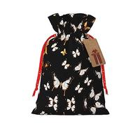 Gold White Butterflies Black Print Drawstring Christmas Bag With Tags Reusable For Birthday Parties Gift Weddings Holiday