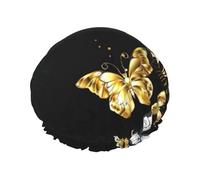 Gold White Butterflies Black Print Hair Cap With Adjustable Elastic Band And Vibrant, Shower Cap For Women Reusable Waterproof
